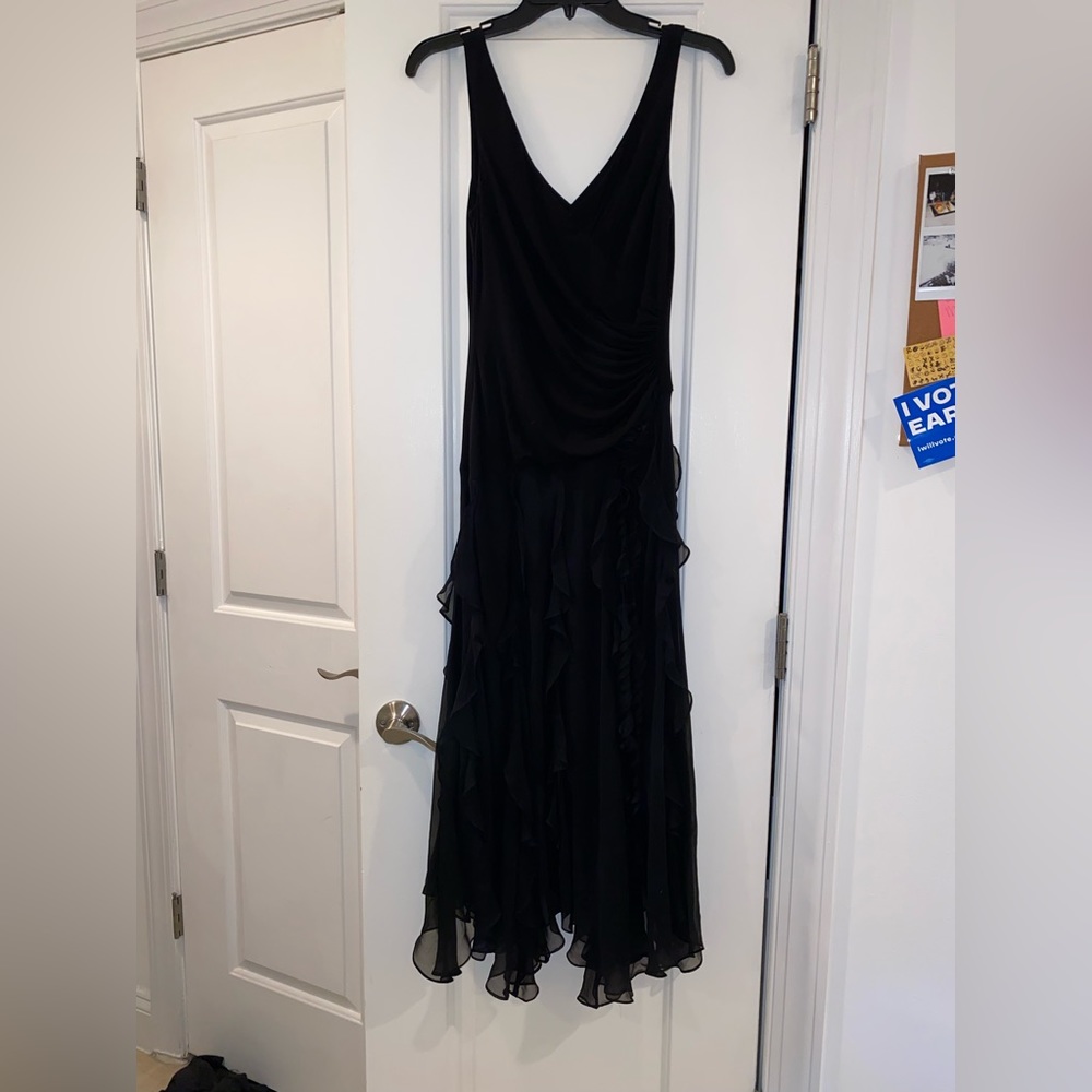 BCBG MaxAzria black v neck drop waist gown with ruffle skirt, fits size 2-4